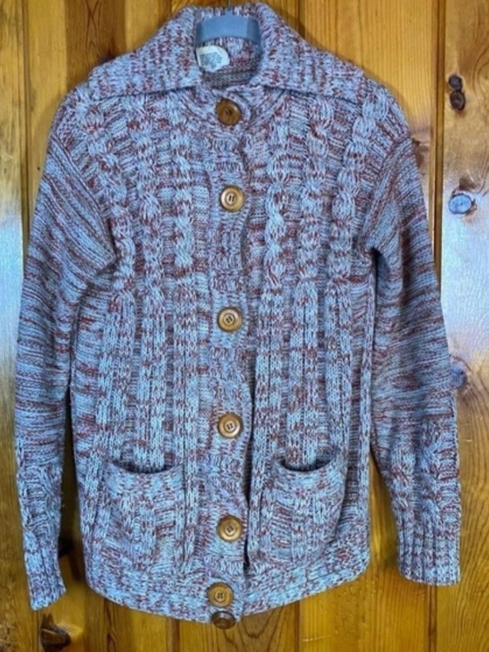 Vintage 1970's Rust and Cream Marled Space Dye Cable-Knit Cardigan